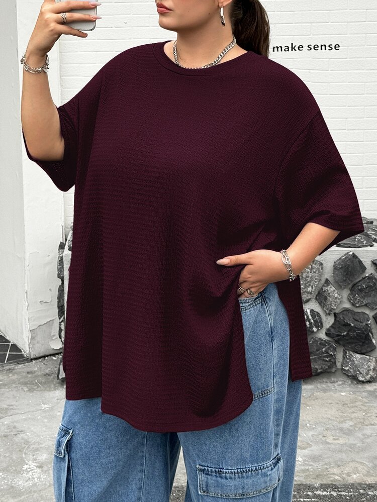 SHEIN CURVE+ Plus Size Casual Textured Short Sleeve Side Slit T-Shirt - Burgundy - View 9