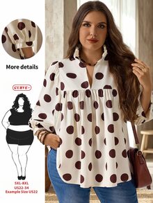 SHEIN CURVE+ Plus Size French Polka Dot Print Pleated Vacation Shirt Fall,Christmas - Brown - View 1