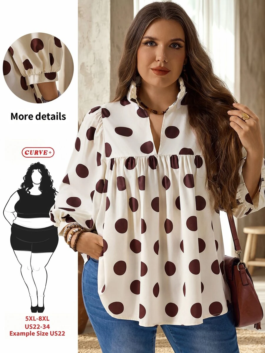 SHEIN CURVE+ Plus Size French Polka Dot Print Pleated Vacation Shirt Fall,Christmas - Brown - View 1