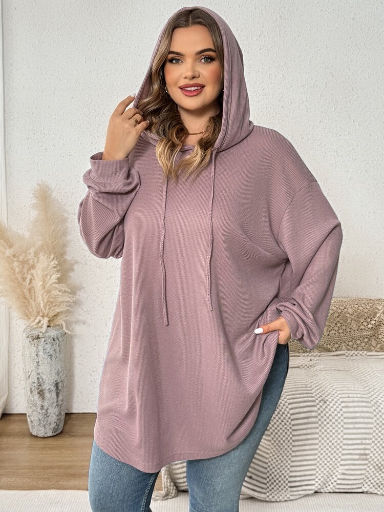 SHEIN CURVE+ Plus Size Women Solid Color Hooded Drawstring Asymmetric Hem Sweatshirt, Autumn/Winter Fall - Dusty Pink - View 3