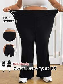SHEIN CURVE+ 大码女高腰喇叭弹力休闲裤秋季女装春夏清凉裤喇叭裤 - 黑色 - 查看 11