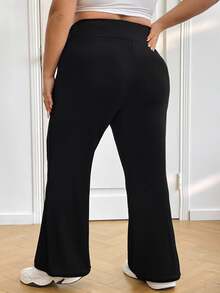 SHEIN CURVE+ 大码女高腰喇叭弹力休闲裤秋季女装春夏清凉裤喇叭裤 - 黑色 - 查看 10