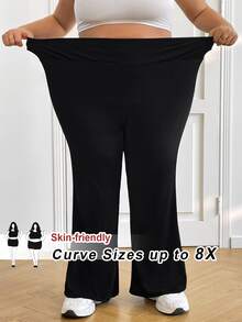 SHEIN CURVE+ 大码女高腰喇叭弹力休闲裤秋季女装春夏清凉裤喇叭裤 - 黑色 - 查看 9