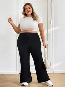 SHEIN CURVE+ 大码女高腰喇叭弹力休闲裤秋季女装春夏清凉裤喇叭裤 - 黑色 - 查看 7