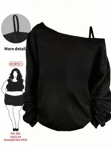 SHEIN CURVE+ Autumn/Winter New Plus Size Women's Casual Minimalist Long Sleeve Cold Shoulder T-Shirt - Multicolor - View 2