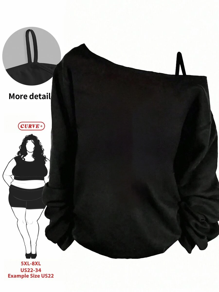 SHEIN CURVE+ Autumn/Winter New Plus Size Women's Casual Minimalist Long Sleeve Cold Shoulder T-Shirt
