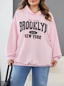 SHEIN CURVE+ Plus Size Women's Casual Simple American Retro English Printed Pattern Hooded Long Sleeved Loose Women's Sweatshirt/Winter Fall - Pink - View 4