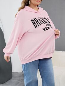 SHEIN CURVE+ Plus Size Women's Casual Simple American Retro English Printed Pattern Hooded Long Sleeved Loose Women's Sweatshirt/Winter Fall - Pink - View 10