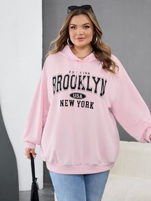 SHEIN CURVE+ Plus Size Women's Casual Simple American Retro English Printed Pattern Hooded Long Sleeved Loose Women's Sweatshirt/Winter Fall - Pink - View 5
