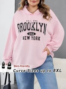 SHEIN CURVE+ Plus Size Women's Casual Simple American Retro English Printed Pattern Hooded Long Sleeved Loose Women's Sweatshirt/Winter Fall - Pink - View 9
