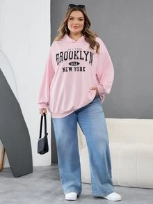 SHEIN CURVE+ Plus Size Women's Casual Simple American Retro English Printed Pattern Hooded Long Sleeved Loose Women's Sweatshirt/Winter Fall - Pink - View 6