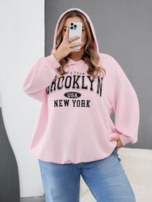 SHEIN CURVE+ Plus Size Women's Casual Simple American Retro English Printed Pattern Hooded Long Sleeved Loose Women's Sweatshirt/Winter Fall - Pink - View 7
