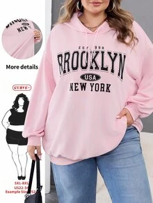 SHEIN CURVE+ Plus Size Women's Casual Simple American Retro English Printed Pattern Hooded Long Sleeved Loose Women's Sweatshirt/Winter Fall - Pink - View 1