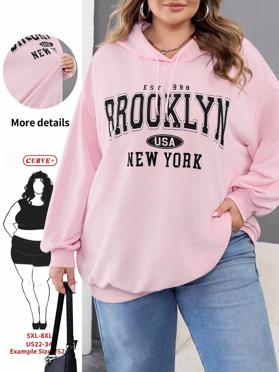 SHEIN CURVE+ Plus Size Women's Casual Simple American Retro English Printed Pattern Hooded Long Sleeved Loose Women's Sweatshirt/Winter Fall - Pink - View 1