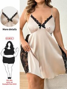 SHEIN CURVE+ Plus Size Women's Satin & Lace Patchwork Sexy Dress - Apricot - View 7