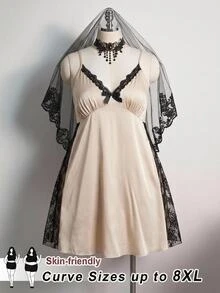 SHEIN CURVE+ Plus Size Women's Satin & Lace Patchwork Sexy Dress - Apricot - View 6