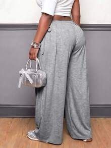 SHEIN CURVE+ Plus Size Women's Solid Color Side Waist Knot Wide Leg Pants, Casual Versatile All-Match Style For Autumn/Winter, Suitable For Daily Wear - Grey - View 2