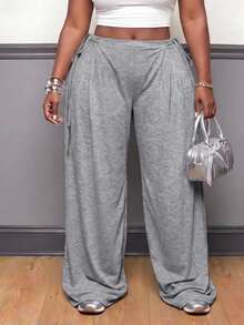 SHEIN CURVE+ Plus Size Women's Solid Color Side Waist Knot Wide Leg Pants, Casual Versatile All-Match Style For Autumn/Winter, Suitable For Daily Wear - Grey - View 4