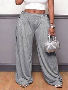 SHEIN CURVE+ Plus Size Women's Solid Color Side Waist Knot Wide Leg Pants, Casual Versatile All-Match Style For Autumn/Winter, Suitable For Daily Wear - Grey - View 3
