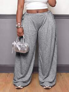 SHEIN CURVE+ Plus Size Women's Solid Color Side Waist Knot Wide Leg Pants, Casual Versatile All-Match Style For Autumn/Winter, Suitable For Daily Wear - Grey - View 6