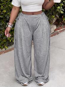 SHEIN CURVE+ Plus Size Women's Solid Color Side Waist Knot Wide Leg Pants, Casual Versatile All-Match Style For Autumn/Winter, Suitable For Daily Wear - Grey - View 5