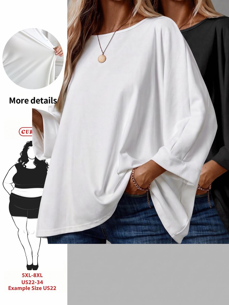 SHEIN CURVE+ 2件套女士大码休闲宽松七分袖T恤 - 彩色 - 查看 1