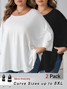 SHEIN CURVE+ 2件套女士大码休闲宽松七分袖T恤 - 彩色 - 查看 8