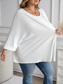 SHEIN CURVE+ 2件套女士大码休闲宽松七分袖T恤 - 彩色 - 查看 6