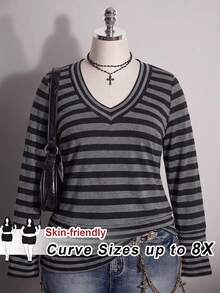 SHEIN CURVE+ Women's Plus Size Top 22W, Autumn/Winter Women's Plus Size Striped Patchwork Slim Fit T-Shirt Fall - Black and White - View 5