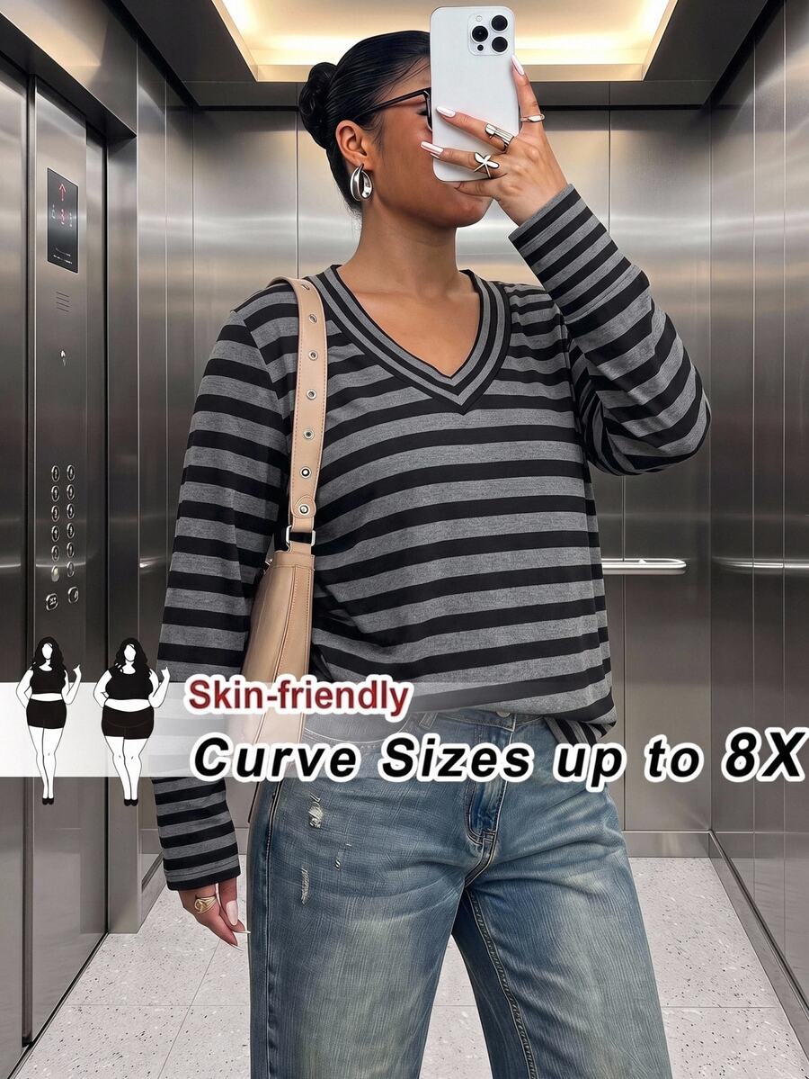 SHEIN CURVE+ Women's Plus Size Top 22W, Autumn/Winter Women's Plus Size Striped Patchwork Slim Fit T-Shirt Fall - Black and White - View 1