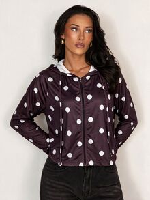 SHEIN Glamour Women's Minimalist Zipper Polka Dot Sun Protection Jacket - Brown - View 12