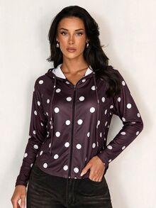 SHEIN Glamour Women's Minimalist Zipper Polka Dot Sun Protection Jacket - Brown - View 10