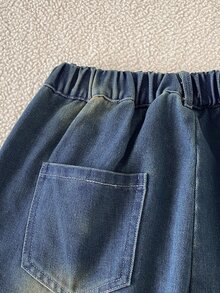 SHEIN 青少年女孩秋季棉質復古百搭簡約休閒舒適時尚寬鬆設計彈性腰藍色水洗寬鬆牛仔褲 - 中等水洗藍 - 查看 8