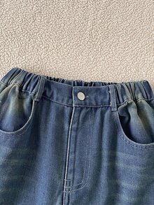 SHEIN 青少年女孩秋季棉質復古百搭簡約休閒舒適時尚寬鬆設計彈性腰藍色水洗寬鬆牛仔褲 - 中等水洗藍 - 查看 9