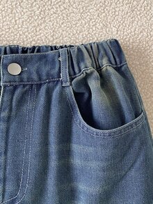 SHEIN 青少年女孩秋季棉質復古百搭簡約休閒舒適時尚寬鬆設計彈性腰藍色水洗寬鬆牛仔褲 - 中等水洗藍 - 查看 5