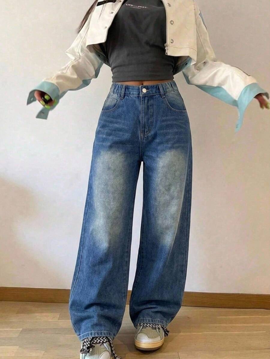 SHEIN 青少年女孩秋季棉質復古百搭簡約休閒舒適時尚寬鬆設計彈性腰藍色水洗寬鬆牛仔褲 - 中等水洗藍 - 查看 1