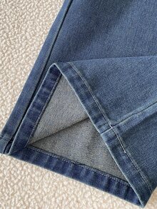SHEIN 青少年女孩秋季棉質復古百搭簡約休閒舒適時尚寬鬆設計彈性腰藍色水洗寬鬆牛仔褲 - 中等水洗藍 - 查看 4