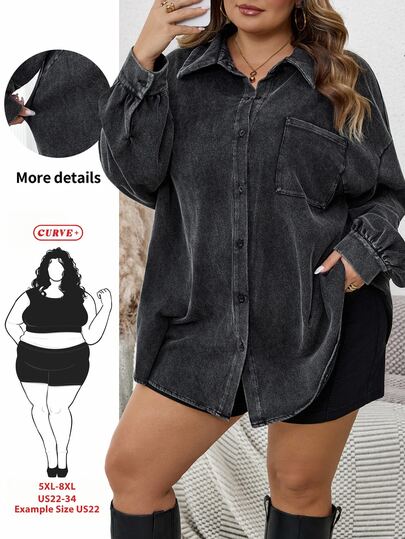 SHEIN CURVE+ Plus Size Women's Single-Breasted Casual Daily Wear Washed Distressed Jacket Fall