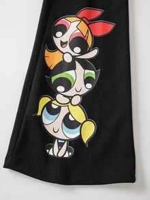 THE POWERPUFF GIRLS X SHEIN طقم هودي بأكمام طويلة وبنطال واسع بطبعة كرتونية للفتيات المراهقات - الأسود - مشاهدة 9