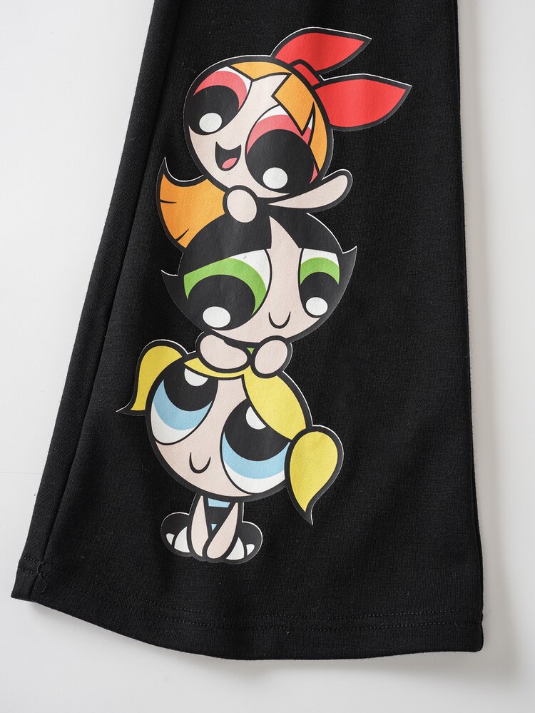 THE POWERPUFF GIRLS X SHEIN 青少年女孩卡通印花長袖連帽衛衣與喇叭褲套裝 - 黑色 - 查看 9