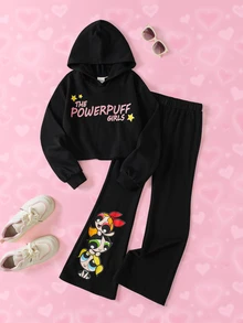 THE POWERPUFF GIRLS X SHEIN طقم هودي بأكمام طويلة وبنطال واسع بطبعة كرتونية للفتيات المراهقات - الأسود - مشاهدة 2