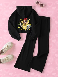 THE POWERPUFF GIRLS X SHEIN طقم هودي بأكمام طويلة وبنطال واسع بطبعة كرتونية للفتيات المراهقات - الأسود - مشاهدة 1