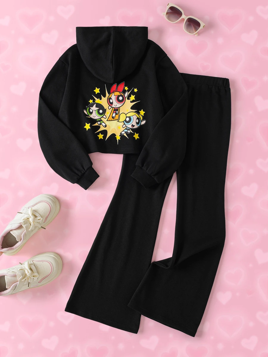 THE POWERPUFF GIRLS X SHEIN طقم هودي بأكمام طويلة وبنطال واسع بطبعة كرتونية للفتيات المراهقات - الأسود - مشاهدة 1