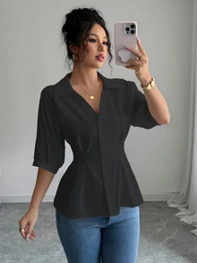 Franclia 高端白色 V 领短袖修身女士衬衫，简约衬衫 - 黑色 - 查看 4