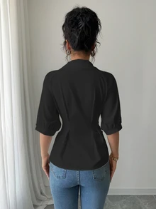 Franclia 高端白色 V 领短袖修身女士衬衫，简约衬衫 - 黑色 - 查看 2