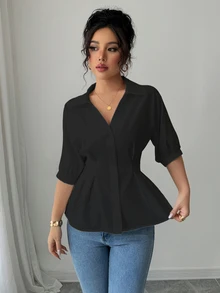Franclia 高端白色 V 领短袖修身女士衬衫，简约衬衫 - 黑色 - 查看 5