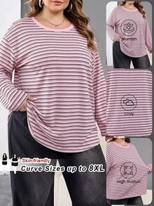 SHEIN CURVE+ 大尺碼休閒落肩寬鬆條紋T恤，適合女性秋冬穿著 - 粉色 - 查看 1