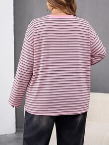 SHEIN CURVE+ 大尺碼休閒落肩寬鬆條紋T恤，適合女性秋冬穿著 - 粉色 - 查看 2