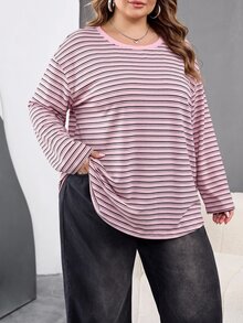 SHEIN CURVE+ 大尺碼休閒落肩寬鬆條紋T恤，適合女性秋冬穿著 - 粉色 - 查看 3