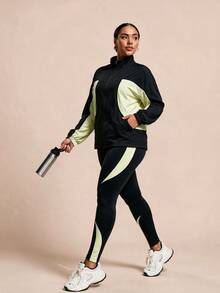 SHEIN Rhythm Era طقم رياضي كاجوال يومي للنساء بمقاسات كبيرة، ملابس علوية بأكمام طويلة وبنطال بتصميم ألوان متباينة - الأسود - مشاهدة 5